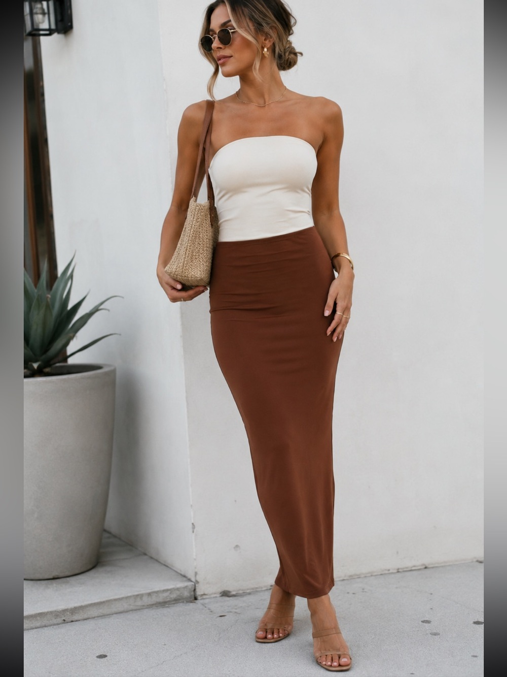 Fashion Nova Brown High Rise Bodycon Midi Skirt XS Stretch Minimalist